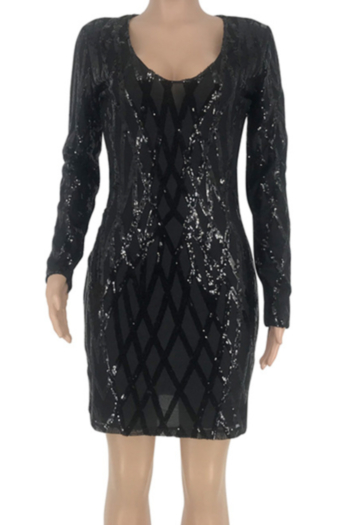 New stylish plus size v neck mesh sequin splice lining  slim stretch dress