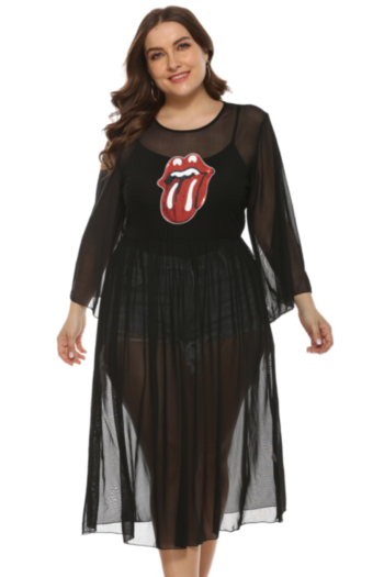New stylish plus size mesh see through solid color sequin applique micro-elastic dress(No lining)