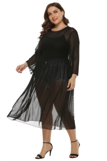 New stylish plus size solid color mesh see through pleated corseted micro-elastic dress(No lining)