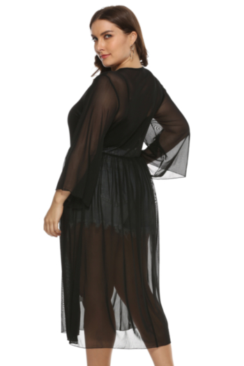 New stylish plus size solid color mesh see through pleated corseted micro-elastic dress(No lining)