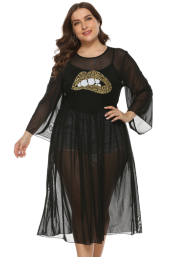 New stylish plus size lip pattern sequin applique mesh see through micro-elastic dress(No lining)