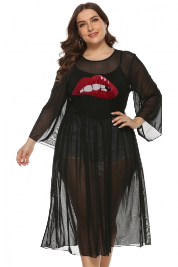 new stylish plus size lip pattern sequin applique mesh see through no lining micro-elastic dress (new add colors)