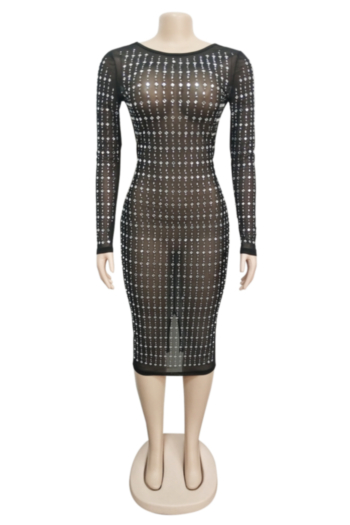 New stylish backless mesh see through hot drilling slim stretch dress(No lining)