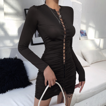New stylish hollow laced pleated slim high stretch solid color dress