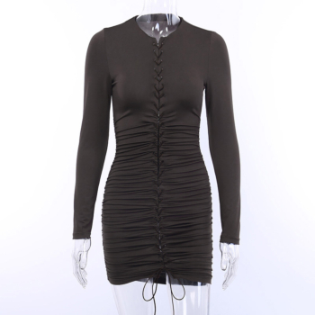 New stylish hollow laced pleated slim high stretch solid color dress