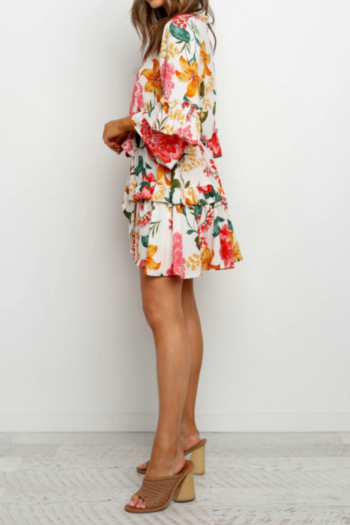 New stylish floral batch printing loose ruffle flare sleeve cute dress(With belt)