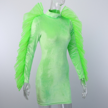 Winter new stylish mesh ruffle high neck stretch slim fit velvet dress