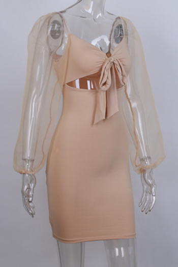New stylish mesh sleeve splice hollow bow high stretch slim fit dress