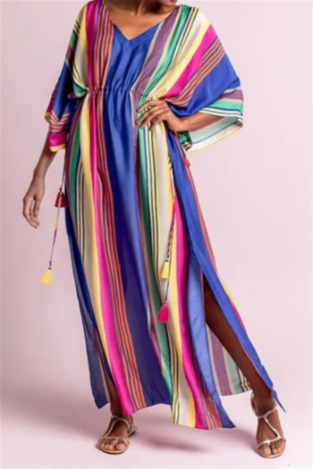 new multicolor stripe print inelastic v-neck waist drawstring design stylish beach dress