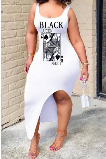 new plus size poker and letters print stretch low-cut slit sexy dress
