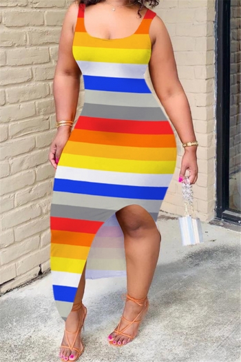 new oversize multicolor stripes print stretch slit sexy dress