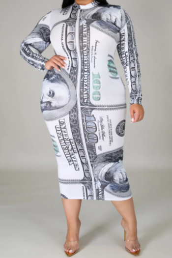 autumn new oversize dollar pattern print zip-up stylish dress