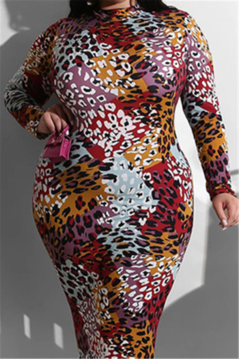 autumn new oversize multicolor leopard print stretch round-neck back zip-up stylish casual dress with belt