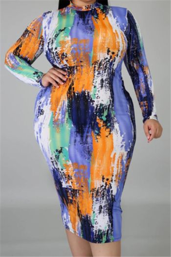 autumn new oversize multicolor tie-dyed stretch round-neck back zip-up stylish casual dress with belt