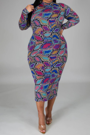 autumn new oversize multicolor digital print stretch zip-up stylish dress