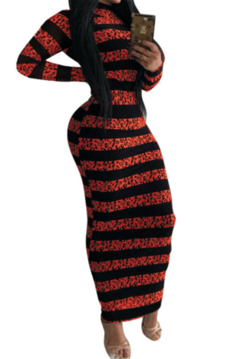 autumn new four colors stripes print stretch round-neck zip-up stylish dress