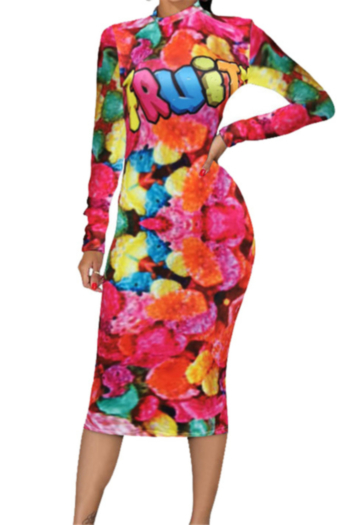 plus size autumn new 3 colors cartoon pattern print stretch stylish casual midi dress