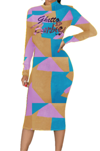 plus size autumn new 3 colors digital print stretch stylish simple midi dress