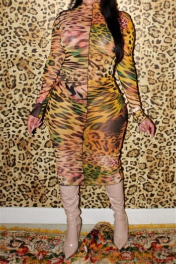 autumn new 2 colors leopard print stretch stylish midi dress