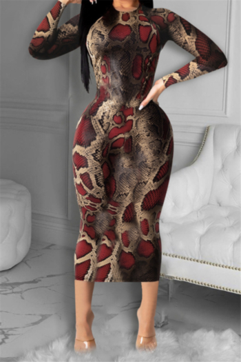 autumn winter new snake print stretch stylish slim midi dress