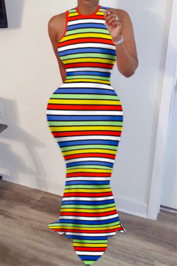 plus size summer sleeveless multicolor stripes batch printing fashion stretch dress