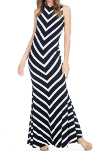 new stylish black and white stripes batch printing backless laced loose dress