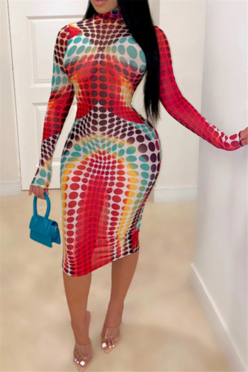 plus size long-sleeves new stylish multicolor printing stretch slim dress