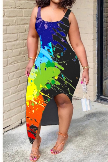 plus size multicolor batch printing summer split stretch new fashion dress
