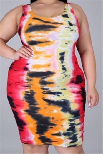 plus size new summer multicolor batch printing sleeveless stretch dress