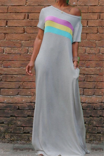new stylish summer contrast color boat neck stretch loose maxi dress