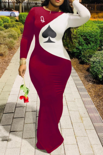 plus size autumn winter contrast color poker printing new stylish stretch dress