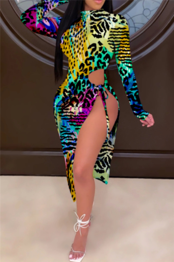plus size new stylish leopard batch printing laced high split stretch dress
