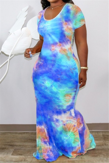 plus size tie-dye batch printing summer hollow out stylish stretch maxi dress