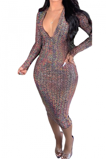 new stylish batch printing plus size deep v-neck sexy stretch slim dress