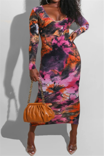 plus size multicolor bacth printing low-cut new stylish stretch slim dress