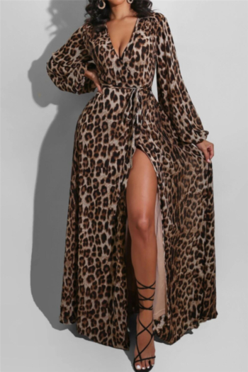 plus size autumn leopard batch printing deep v-neck loose split dress (with belt)