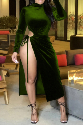 plus size solid color sexy hollow out lace-up loose velvet high slit dress