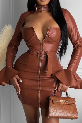 plus size autumn solid color zip-up hollow out flare sleeves pu leather dress (with belt)