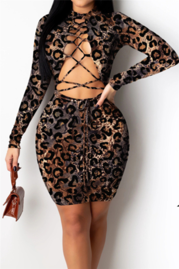 autumn leopard batch printing hollow out lace-up stretch slim dress