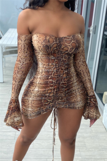plus size off-shoulder mesh sexy drawstring snakeskin batch printing stretch slim dress