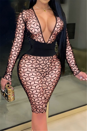 deep v-neck plus size geometric batch printing spliced solid color slim dress