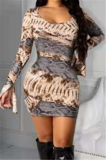 autumn plus size new fashion printing flare sleeve round neck slim dress