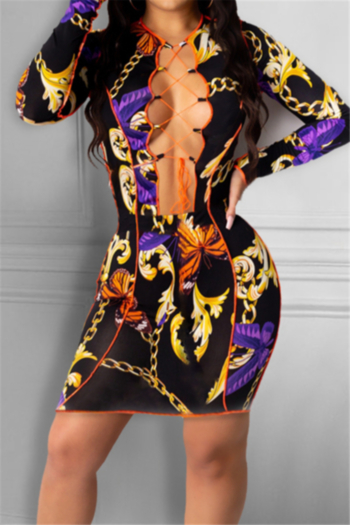 autumn sexy new chain batch printing hollow out lace-up stylish slim dress