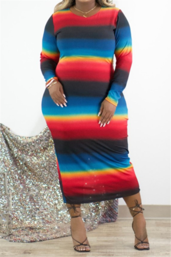 autumn new stylish contrast color batch printing round neck slim tight dress