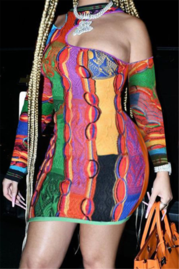 new multicolor batch printing plus size style hollow out slim dress