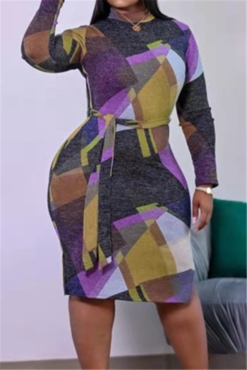 plus size new stylish autumn multicolor batch printing slim dress (with belt)