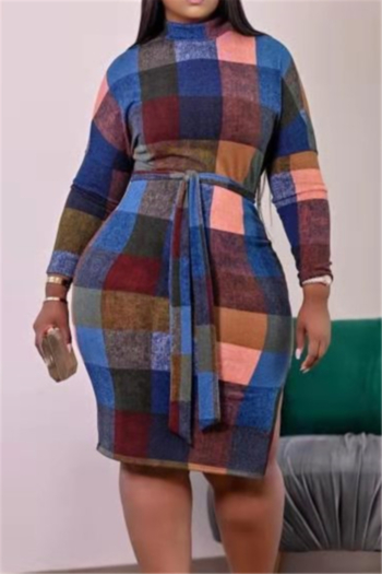 plus size new stylish autumn multicolor batch printing fit slim dress (with belt)