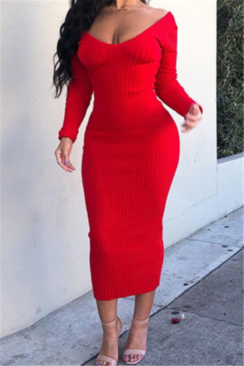 plus size solid color autumn low-cut new stylish slim sexy dress