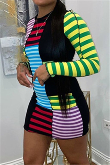 fashion plus size casual contrast color stitching  striped printing slim dress