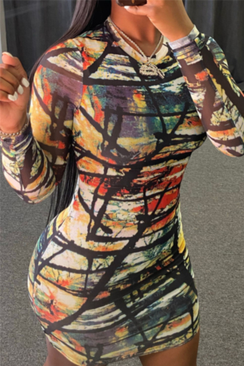 new style multicolor batch printing round neck fashion slim dress